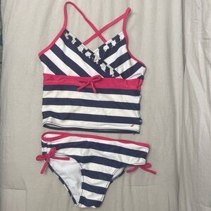 Nautica Striped Navy and White Ruffle Trim Girls Kids Tankini Swim Set